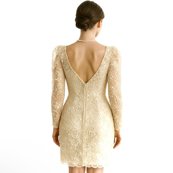 Vintage Jim Hjelm “A Private Collection” NY Beaded Lace Dress 1980 Couture Ivory - Picture 2 of 12